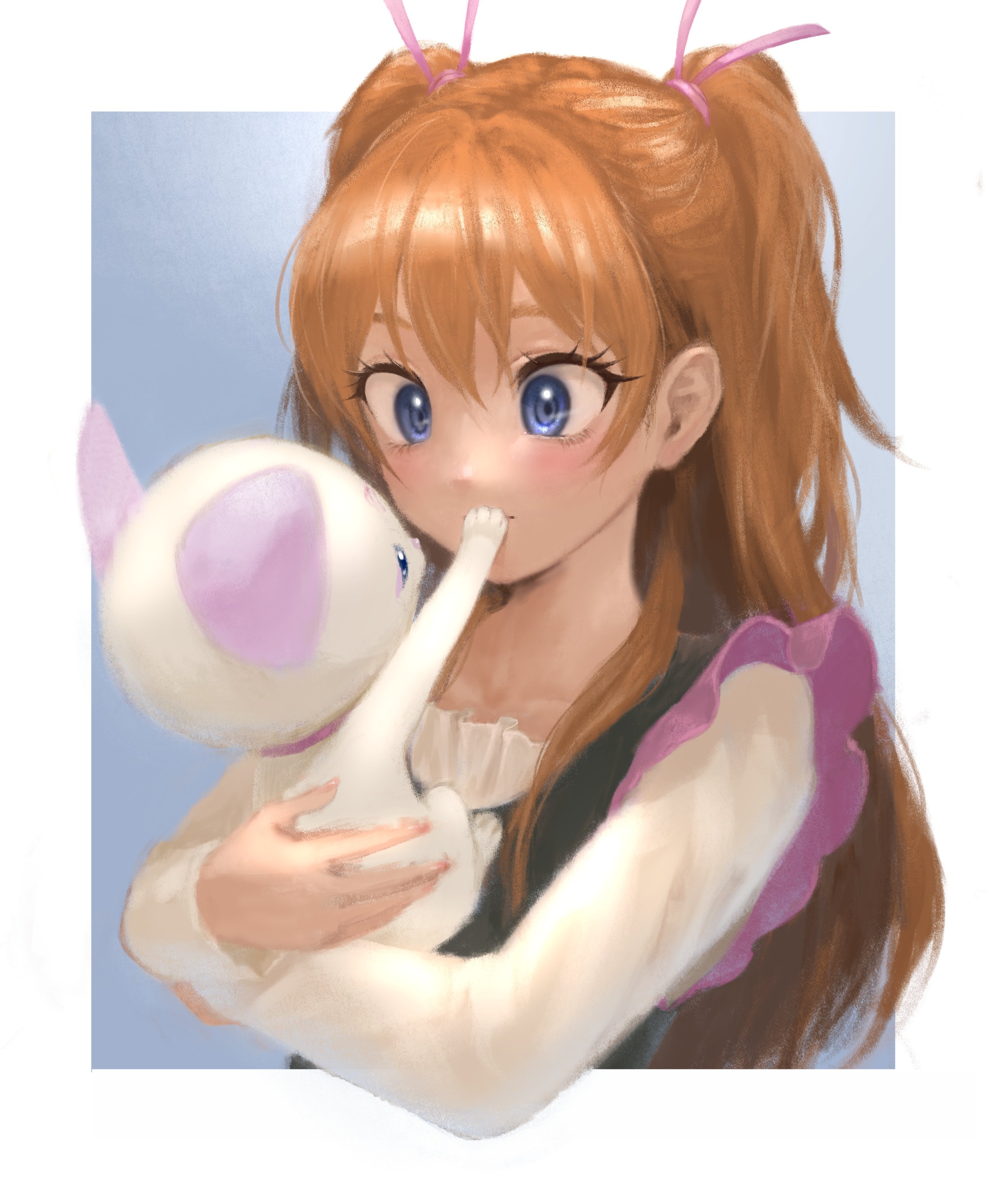 1girl absurdres animal blue_eyes blush cat highres holding holding_animal holding_cat houjou_hibiki hummy_(suite_precure) konsuke0 long_hair long_sleeves orange_hair precure solo suite_precure two_side_up