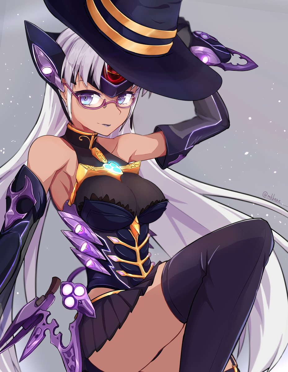 1girl artist_name bare_shoulders black_headwear breasts chest_jewel cleavage commentary_request dark-skinned_female dark_skin detached_sleeves elbow_gloves glasses gloves highres large_breasts long_hair looking_at_viewer makibane_(mkbane) medium_breasts purple_eyes simple_background smile solo t-elos t-elos_re: thighhighs very_long_hair white_hair xenoblade_chronicles_(series) xenoblade_chronicles_2 xenosaga