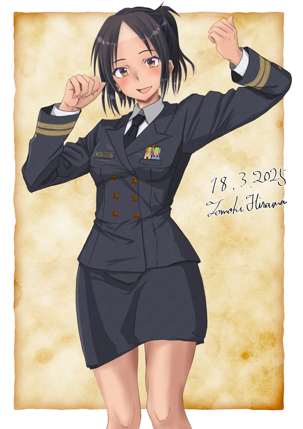 1girl alternate_costume black_hair black_jacket black_necktie black_skirt breasts brown_eyes buttons collared_shirt double-breasted forehead highres hisamatomoki jacket kantai_collection long_hair long_sleeves looking_at_viewer military_dress_uniform military_uniform miniskirt nagara_(kancolle) naval_dress_uniform naval_uniform necktie parted_bangs ponytail ribbon_bar shirt short_hair skirt small_breasts solo white_shirt