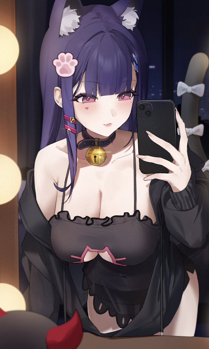 1girl akuma_nihmune animal_collar animal_ears bell black_negligee breasts cat_cutout cat_ears cat_girl cat_tail cleavage closed_mouth clothing_cutout collar d4kou16 facial_mark hair_ornament hairpin heart heart_facial_mark holding holding_phone indie_virtual_youtuber lingerie lips long_hair long_sleeves neck_bell negligee noomba_(akuma_nihmune) paw_hair_ornament phone pink_eyes purple_hair selfie tail underwear virtual_youtuber