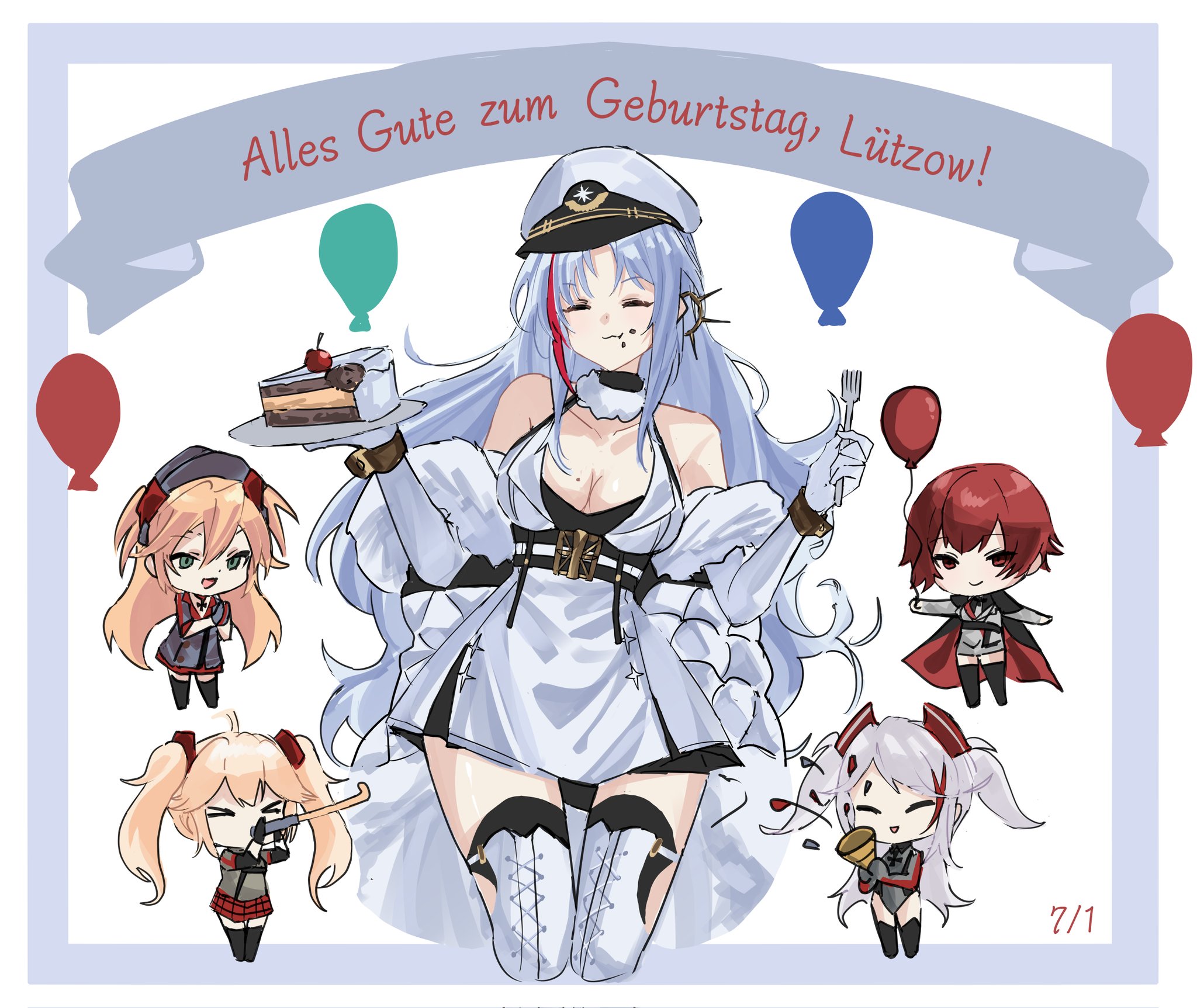 5girls :3 admiral_hipper_(azur_lane) azur_lane balloon birthday_cake blonde_hair bluecher_(azur_lane) boots breasts cake chibi closed_eyes coat collarbone cowboy_shot dated dress earrings eating food food_on_face fork german_text green_eyes grey_dress happy_birthday hat highres holding holding_balloon holding_fork jewelry long_hair mole mole_on_breast multiple_girls party_horn party_popper peaked_cap prinz_eugen_(azur_lane) red_hair short_hair single_earring smile tallinn_(azur_lane) thigh_boots twintails very_long_hair weser_(azur_lane) white_coat white_dress white_footwear white_hair wrist_cuffs yazu_(zoddiacz)