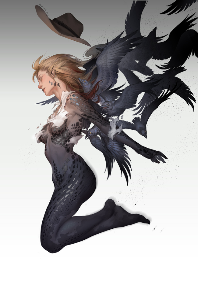10s 1girl bird blonde_hair blue_skin colored_skin crow female_focus long_hair luminary1412 marvel mystique name_connection nude raven solo x-men x-men:_first_class x-men_film_series