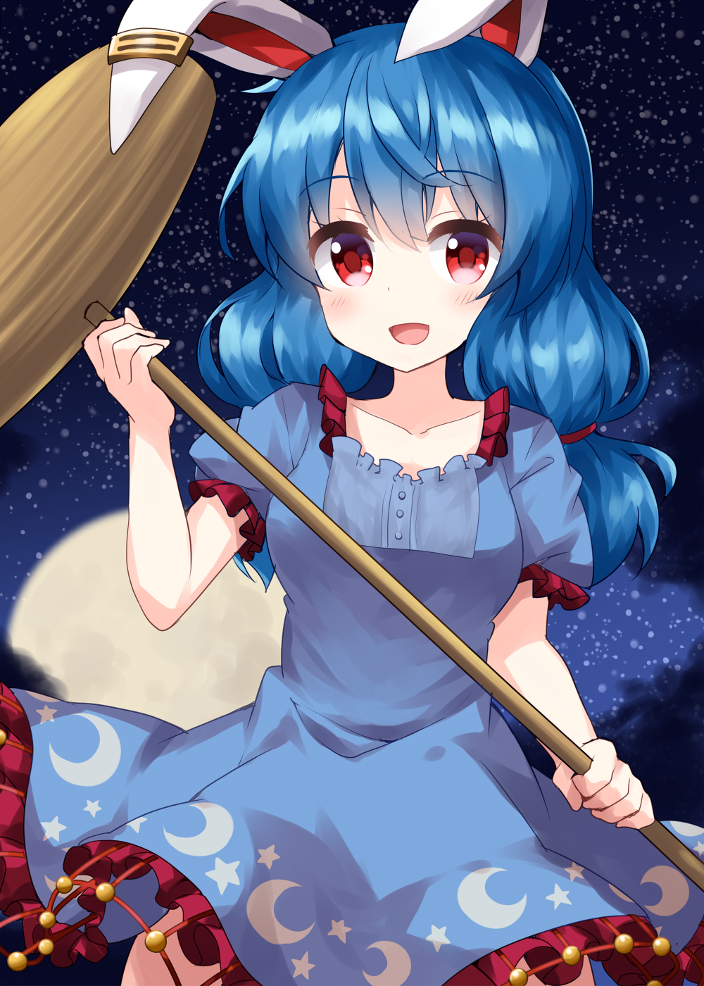 1girl animal_ears blue_dress blue_hair breasts cowboy_shot crescent_print dress earclip full_moon highres holding holding_mallet kine long_hair looking_at_viewer low_twintails mallet medium_breasts moon night open_mouth rabbit_ears red_eyes ruu_(tksymkw) seiran_(touhou) short_sleeves sky smile solo standing star_(sky) star_(symbol) star_print starry_sky touhou twintails yellow_moon