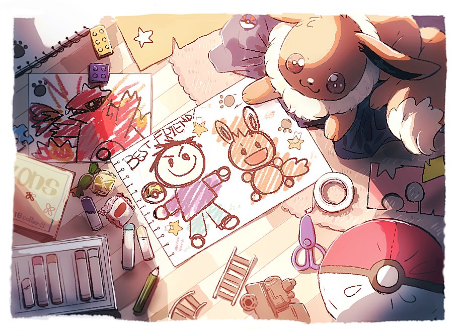 blue_oak candy child&#039;s_drawing closed_mouth drawing eevee food gen_1_pokemon gen_3_pokemon groudon legendary_pokemon lying nao_(naaa_195) nintendo paper pastels pencil poke_ball pokemon pokemon_(creature) pokemon_rgby scissors sketchbook table tape toy