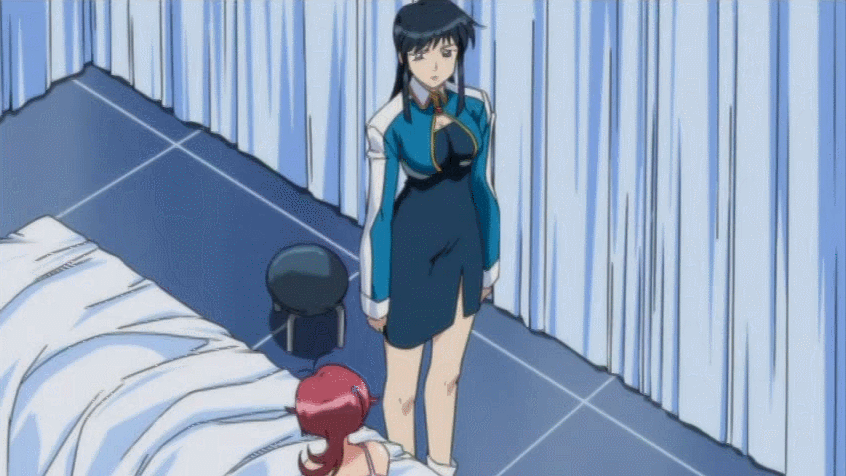 00s 2girls animated animated_gif ankle_boots aoi_anna ass bare_shoulders bed black_hair blue_eyes boots bouncing_breasts breasts female_focus fujimura_shizuru gloves injury large_breasts long_hair multiple_girls no_bra pink_hair screencap shinkon_gattai_godannar!! shiny_skin talking tears