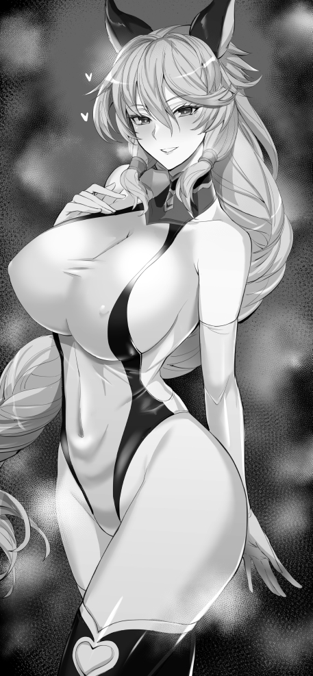 1girl animal_ears arm_behind_back bare_shoulders blush braid braided_ponytail breasts cat_ears erune from_side granblue_fantasy greyscale hair_between_eyes halterneck heles highleg highleg_one-piece_swimsuit kumakichi_(cost-lost) large_breasts long_hair looking_at_viewer monochrome one-piece_swimsuit parted_bangs sideboob single_braid smile solo swimsuit thighs