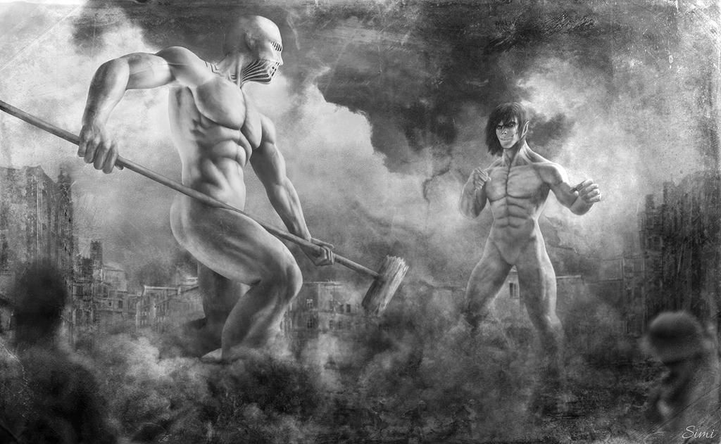 abs black_hair cloud destruction duel eren_yeager fighting fighting_stance lara_tybur mask monochrome onlookers rogue_titan shingeki_no_kyojin simi_braun skin_tight smoke soldier spiked_hammer titan_(shingeki_no_kyojin) war_hammer_titan warhammer weapon