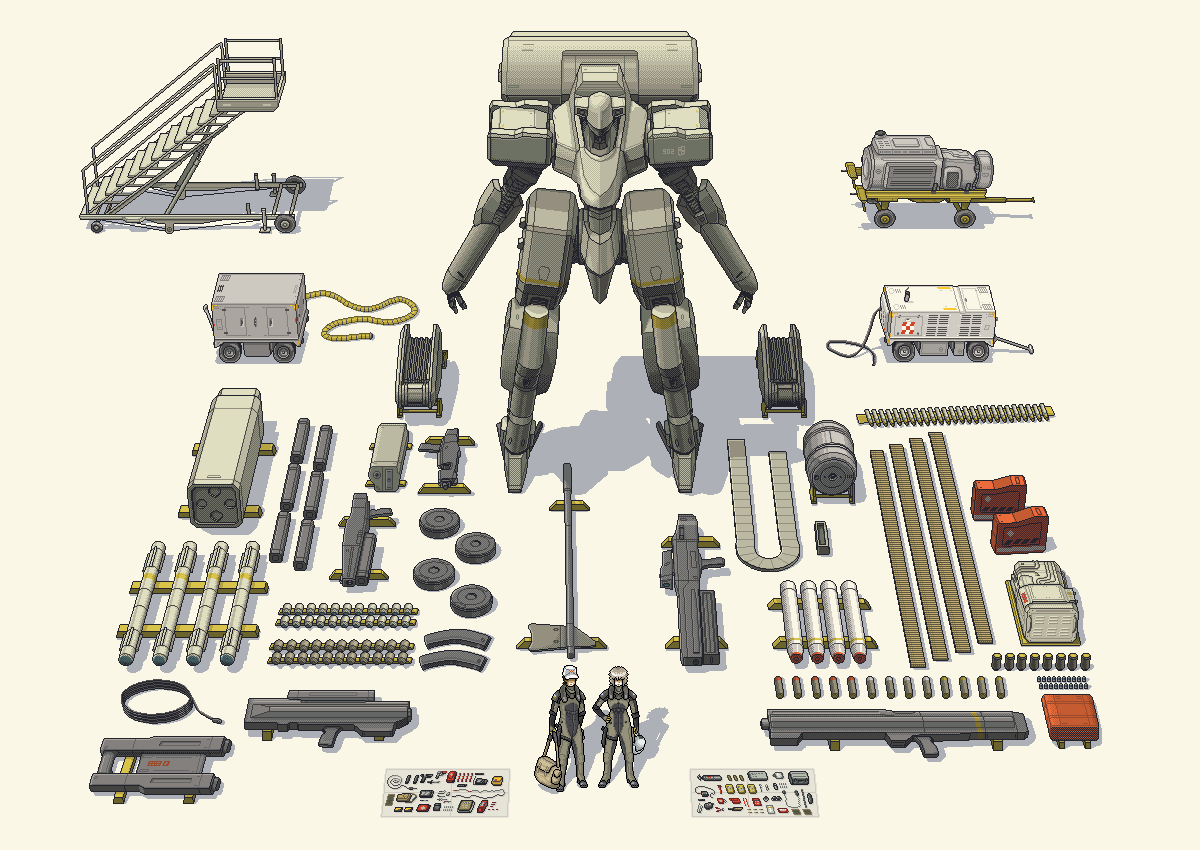 1boy 1girl ammunition ammunition_belt axe bag blonde_hair dithering equipment_layout generator mecha military missiles mixed-language_commentary multishot_rocket_launcher original pc-98_(style) pilot_suit pixel_art robot rocket_launcher stairs w_a_v_e weapon white_background