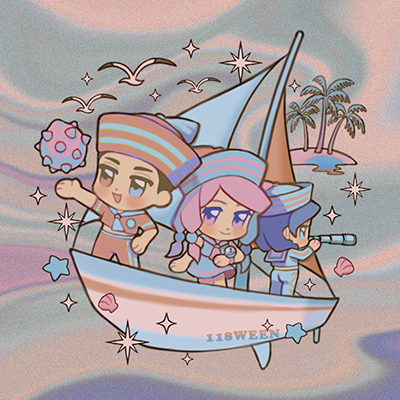 118ween 1girl 2boys alternate_costume binoculars bird blue_eyes blue_hair blue_hat blue_pants blue_sailor_collar blue_shirt boat brown_eyes brown_hair brown_hat brown_shirt chibi chibi_only closed_mouth commentary commentary_request dixie_cup_hat hair_bobbles hair_ornament hat heterochromia higashikata_josuke_(jojolion) hirose_yasuho holding jojo_no_kimyou_na_bouken jojolion locacaca lowres mamezuku_rai military_hat multiple_boys open_mouth palm_tree pants pink_eyes pink_hair purple_eyes sailor sailor_collar sailor_hat seagull seashell shell shirt short_hair smile sparkle star_(symbol) starfish telescope tree watercraft