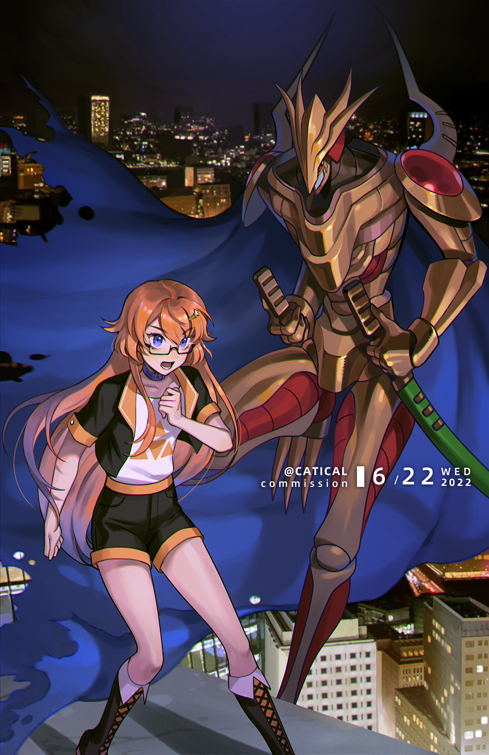 1girl armor building cape digimon glasses grademon highres sword weapon