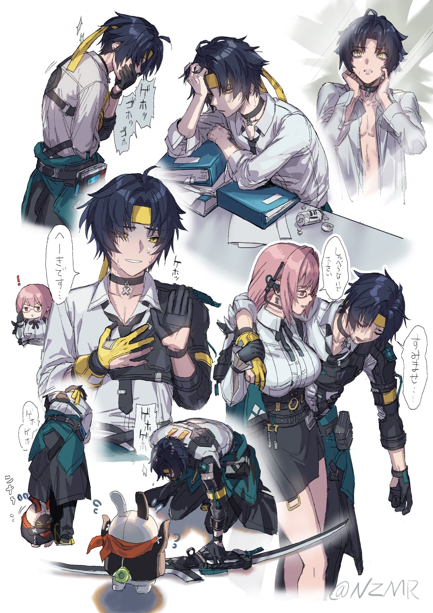 ! 1boy 1girl aqua_jacket arm_around_shoulder artist_name asaba_harumasa asymmetrical_gloves bandana bandana_around_neck bangboo_(zenless_zone_zero) belt black_belt black_choker black_gloves black_hair black_necktie black_pants black_skirt choker clothes_around_waist collared_shirt coughing dress_shirt earrings eous_(zenless_zone_zero) folder glasses gloves hand_around_waist hand_on_own_chest hand_on_own_head headband high-waist_skirt highres holding holding_weapon hourglass_earrings human_crutch jacket jacket_around_waist kneeling long_sleeves loose_necktie medicine medicine_bottle nazomeron neck_ribbon necktie open_clothes open_shirt orange_bandana pants parted_bangs pencil_skirt pill pill_bottle pink_eyes pink_hair ribbon shirt shoulder_support sick sidelocks skirt sweat translated tsukishiro_yanagi turn_pale unbuttoned weapon white_shirt yellow_eyes yellow_gloves yellow_headband zenless_zone_zero