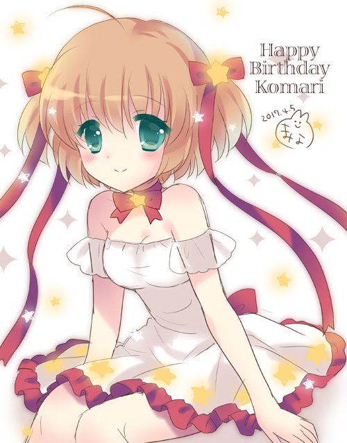 1girl 2017 ahoge alternate_costume arms_at_sides bare_shoulders blush bow breasts character_name choker cleavage closed_mouth colored_eyelashes commentary_request cowboy_shot dated dress eyes_visible_through_hair frilled_dress frills green_eyes hair_between_eyes hair_ornament hair_ribbon happy_new_year hoshimame_mana kamikita_komari little_busters! long_ribbon looking_at_viewer medium_breasts new_year off-shoulder_dress off_shoulder red_bow red_ribbon ribbon short_dress signature simple_background sitting smile solo sparkle split_mouth star_(symbol) star_choker star_hair_ornament two_side_up white_background white_dress
