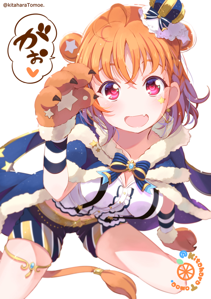 1girl :d ahoge animal_ears animal_hands artist_name bad_id bad_pixiv_id blouse blue_bow blue_bowtie blue_cape bow bowtie braid brooch cape center_frills commentary_request crown earrings elbow_gloves facial_mark fang female_focus frills fur-trimmed_cape fur_trim gao gloves hand_up heart heart_ahoge jewelry kitahara_tomoe_(kitahara_koubou) kneeling lion_ears lion_tail looking_at_viewer love_live! love_live!_school_idol_festival love_live!_school_idol_festival_all_stars love_live!_sunshine!! mini_crown open_mouth orange_hair paw_gloves red_eyes shirt short_hair shorts side_braid simple_background skin_fang smile solo star_(symbol) star_earrings striped_bow striped_bowtie striped_clothes striped_gloves striped_neckwear tail takami_chika takami_chika_(leo_star_bright) thighlet twitter_username white_background white_shirt