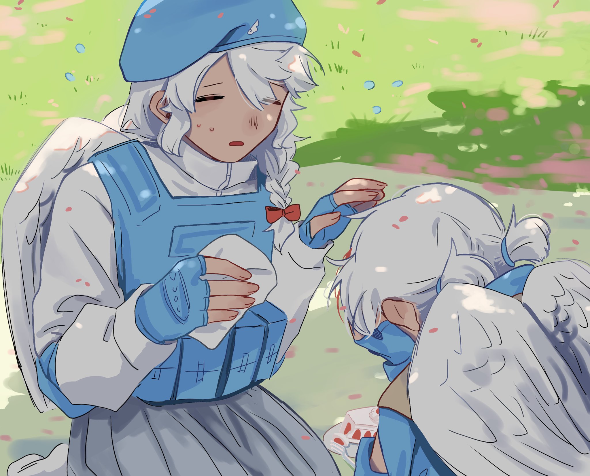 2girls angel_wings beret blue_gloves blue_hat braid closed_eyes crying face_in_hands fingerless_gloves gloves handkerchief hat highres holding holding_handkerchief kanna_(love-bullet) kneeling koharu_(love-bullet) load_bearing_vest long_sleeves love-bullet muagiong multiple_girls open_mouth short_twintails side_braid twintails white_hair white_wings wings