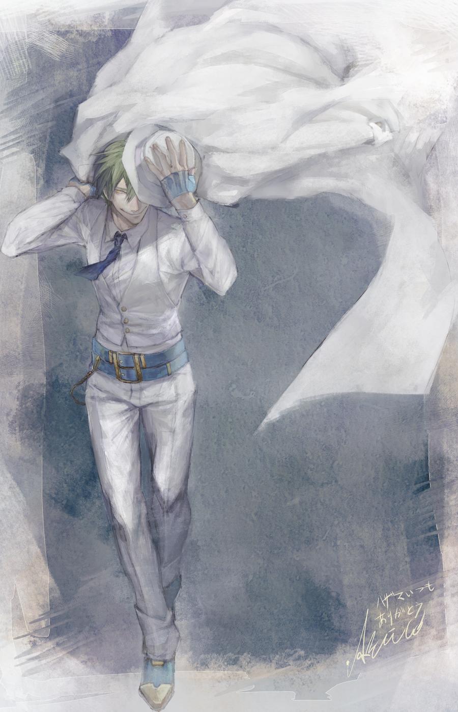 1boy akilico alternate_color blazblue fedora fingerless_gloves formal_clothes gloves green_hair hat hat_over_one_eye hazama highres male_focus necktie one_eye_covered short_hair signature smile solo yellow_eyes yuuki_terumi