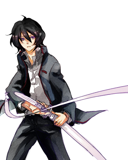 1boy bad_id bad_pixiv_id black_hair bleach genderswap genderswap_(ftm) kuchiki_rukia lorein male_focus purple_eyes school_uniform shikai short_hair sode_no_shirayuki solo sword weapon