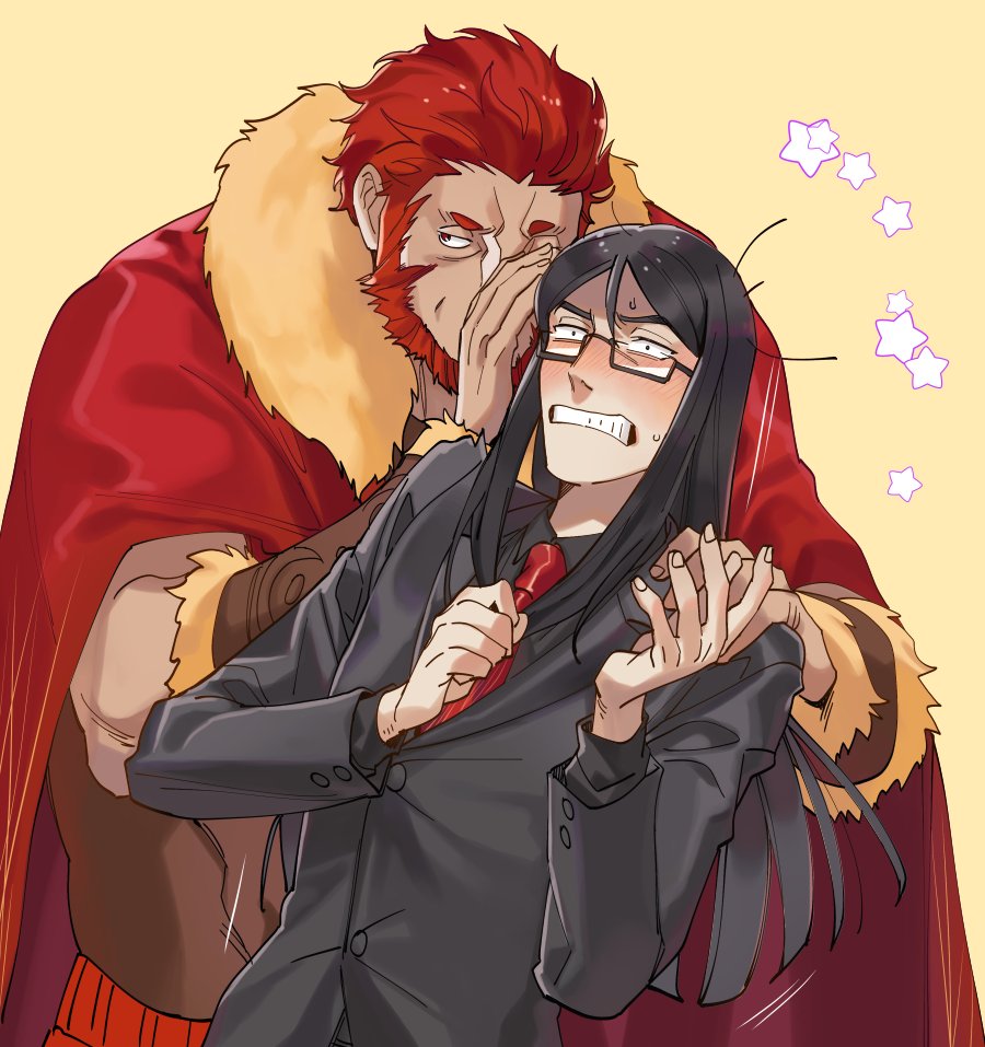 2boys beard black_hair blush cape clenched_teeth facial_hair fate_(series) glasses grimace halorane hand_on_another&#039;s_shoulder iskandar_(fate) long_sleeves lord_el-melloi_ii male_focus multiple_boys necktie red_cape red_hair red_necktie star_(symbol) teeth waver_velvet whispering_in_ear yaoi yellow_background