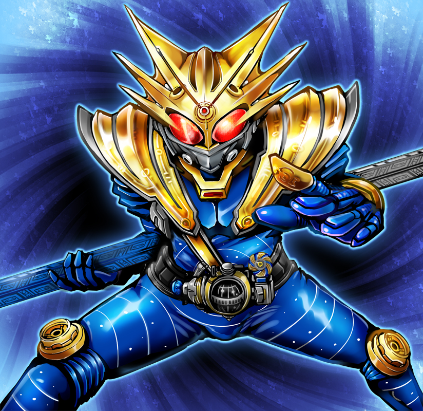1041_(toshikazu) 1boy armor belt compound_eyes gradient_background kamen_rider kamen_rider_fourze_(series) kamen_rider_meteor male_focus solo staff weapon
