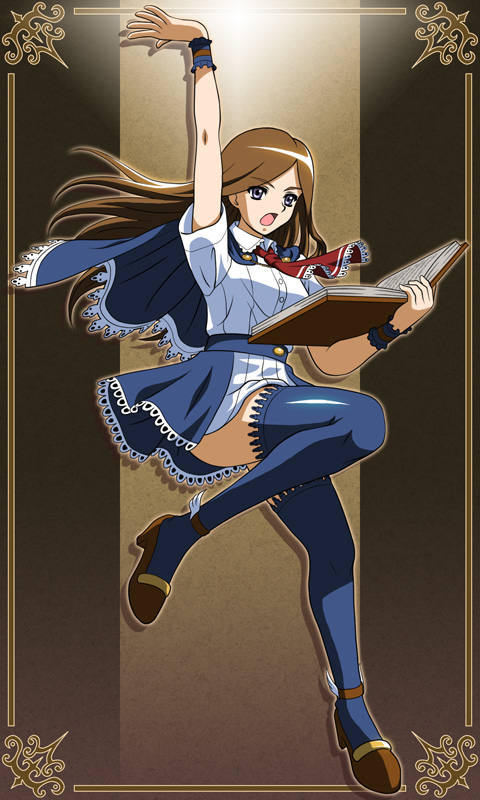 1girl afx arm_up ascot blue_eyes blue_thighhighs book brown_hair castlevania:_portrait_of_ruin castlevania_(series) charlotte_aulin holding holding_book long_hair open_mouth red_ascot red_shoes shirt shoes skirt thighhighs white_shirt zettai_ryouiki