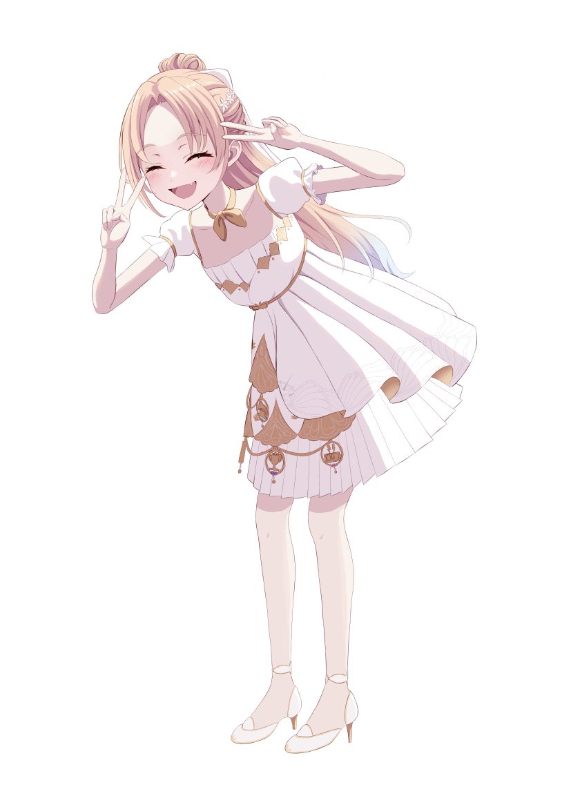 1girl 4th_live_dream_~bloom_the_dream_believers~ ^_^ blonde_hair blue_hair closed_eyes collarbone commentary_request double_v dress facing_viewer flat_chest flower flower_stand_art gradient_hair hair_bun hair_flower hair_ornament high_heels itsudemo_itsumademo_(love_live!) leaning_forward link!_like!_love_live! love_live! medium_dress multicolored_hair neckerchief official_alternate_costume official_alternate_hairstyle osawa_rurino puffy_short_sleeves puffy_sleeves short_sleeves simple_background single_hair_bun solo standing stiletto_heels tachi-e v virtual_youtuber wachida_01d white_background white_dress white_flower yellow_neckerchief