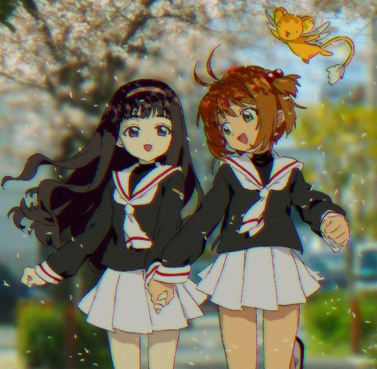 2girls :d antenna_hair black_hair black_shirt blunt_bangs brown_hair cardcaptor_sakura cherry_blossoms cowboy_shot daidouji_tomoyo day falling_petals feathered_wings green_eyes hairband holding_hands kero_(cardcaptor_sakura) kinomoto_sakura long_hair long_sleeves looking_at_another multiple_girls neckerchief open_mouth outdoors petals pink_hairband pleated_skirt purple_eyes sailor_collar school_uniform serafuku shirt short_hair skirt smile teruya_(6w6y) tomoeda_elementary_school_uniform tree white_neckerchief white_sailor_collar white_skirt wings