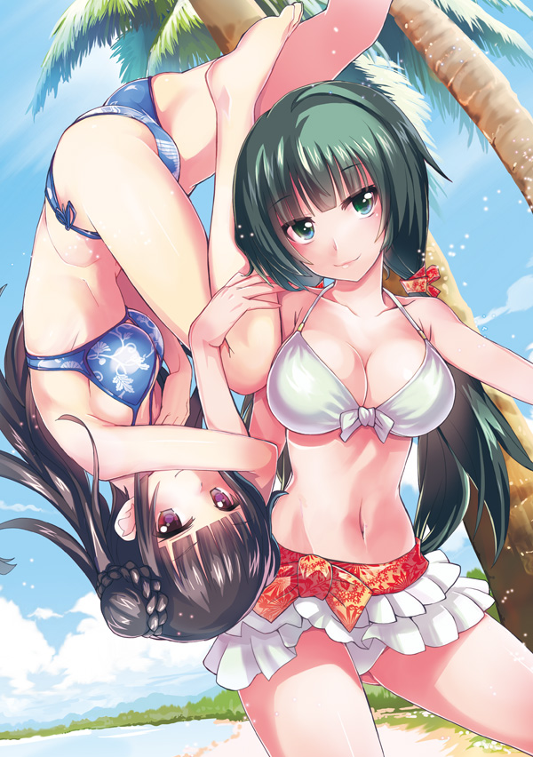 &gt;:) 2girls ass bare_legs barefoot beach bikini bikini_skirt black_hair blue_bikini blue_sky blunt_bangs bow bow_bikini braid breasts cleavage closed_mouth cloud collarbone day double_bun floral_print fushikawa_kokoro green_hair groin hair_bun hair_ornament halterneck hand_on_another&#039;s_leg head_tilt large_breasts long_hair looking_at_viewer low_twintails lying maji_de_watashi_ni_koi_shinasai! mayuzumi_yukie multiple_girls navel ocean on_side outdoors palm_tree print_bikini purple_eyes red_eyes sand scan side-tie_bikini_bottom sky smile summer swimsuit tamon_ketsuyuki tree twintails upside-down v-shaped_eyebrows white_bikini