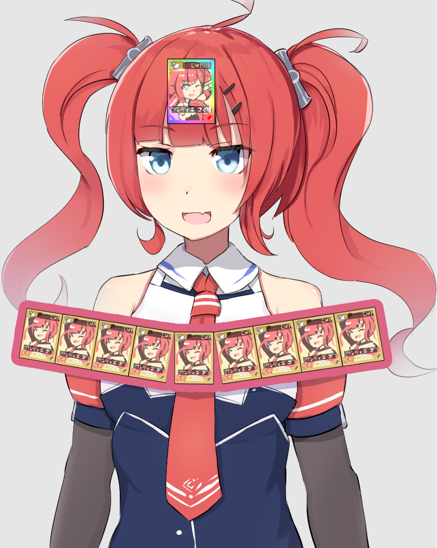 1girl armor azur_lane bare_shoulders blue_eyes blue_vest breastplate card commentary_request detached_sleeves fang female_focus fuki_to_takenoko hair_ornament hairclip kamen_rider kamen_rider_dcd necktie parody red_hair red_necktie remodel_(azur_lane) san_diego_(azur_lane) san_diego_(retrofit)_(azur_lane) shirt solo twintails vest white_shirt