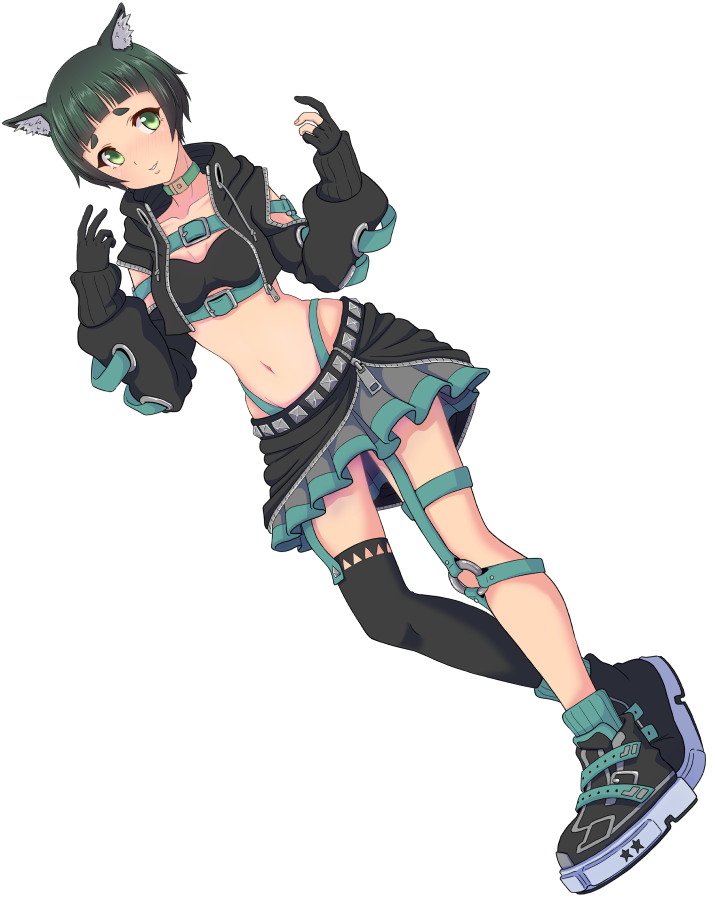 1girl animal_ears animare bandeau belt black_gloves black_jacket black_shoes black_skirt black_thighhighs blue_belt blue_choker blue_socks blunt_bangs blush breasts chest_belt choker clothing_cutout commentary_request cosplay cropped_jacket cross-laced_clothes cross-laced_sleeves dog_ears dutch_angle full_body garter_straps gloves green_eyes green_hair grey_skirt hashiba_natsumi_(animare) jacket k_waremono layered_skirt long_sleeves looking_to_the_side medium_breasts midriff nanashi_inc. navel open_clothes open_jacket parted_lips partially_fingerless_gloves shishio_chris shishio_chris_(cosplay) shoes short_hair shoulder_cutout simple_background single_thighhigh skirt smile sneakers socks solo sugar_lyric thick_eyebrows thighhighs transparent_background virtual_youtuber zipper_skirt