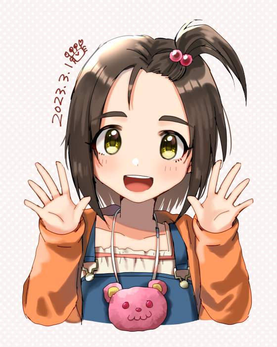 1girl :d ayaca blush bow brown_eyes brown_hair collarbone dated denim denim_skirt dot_nose hair_bobbles hair_ornament hands_up idolmaster idolmaster_cinderella_girls idolmaster_cinderella_girls_starlight_stage long_sleeves looking_at_viewer one_side_up open_mouth orange_shirt polka_dot polka_dot_background round_teeth shirt short_hair side_ponytail simple_background skirt smile solo suspender_skirt suspenders teeth wallet white_background yanase_miyuki