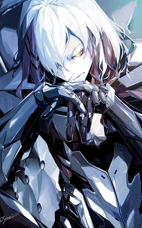1boy armor closed_mouth commentary_request fate/grand_order fate_(series) gauntlets grey_armor grey_theme hair_over_one_eye looking_at_viewer male_focus odysseus_(fate) pale_skin sei_8220 short_hair signature solo white_hair yellow_eyes