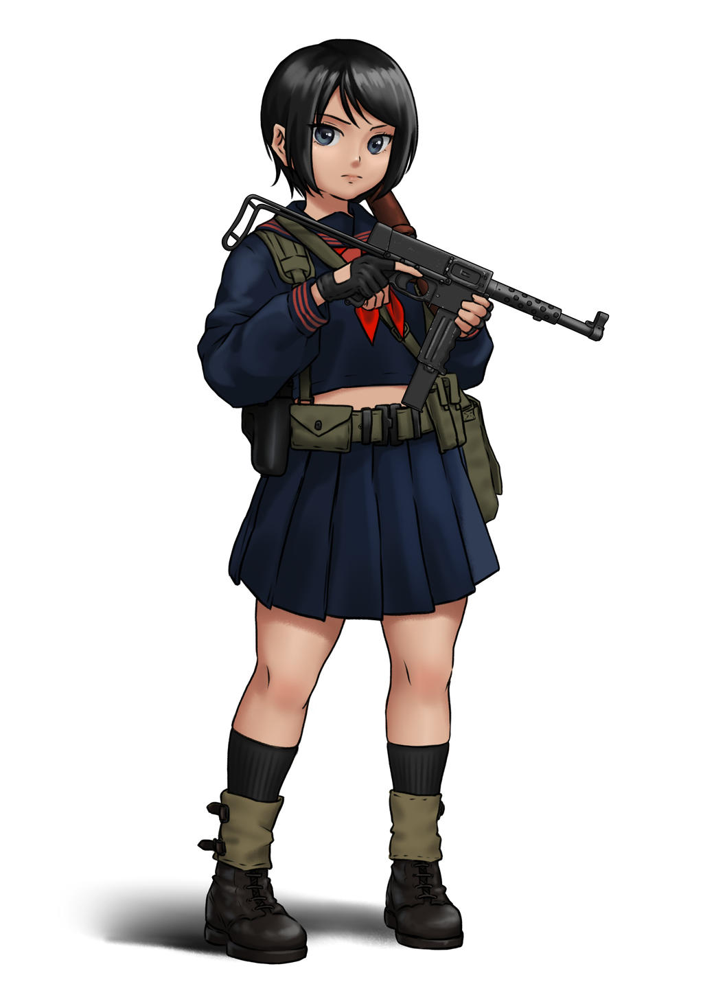 1girl ammunition_pouch barrel_shroud belt black_gloves black_hair blue_eyes boots combat_boots eyelashes fingerless_gloves gloves gun highres holding holding_gun holding_weapon holster kneecaps mardjan mat-49 midriff original pleated_skirt pouch school_uniform shadow short_hair shoulder_strap simple_background skindentation skirt socks submachine_gun trigger_discipline weapon