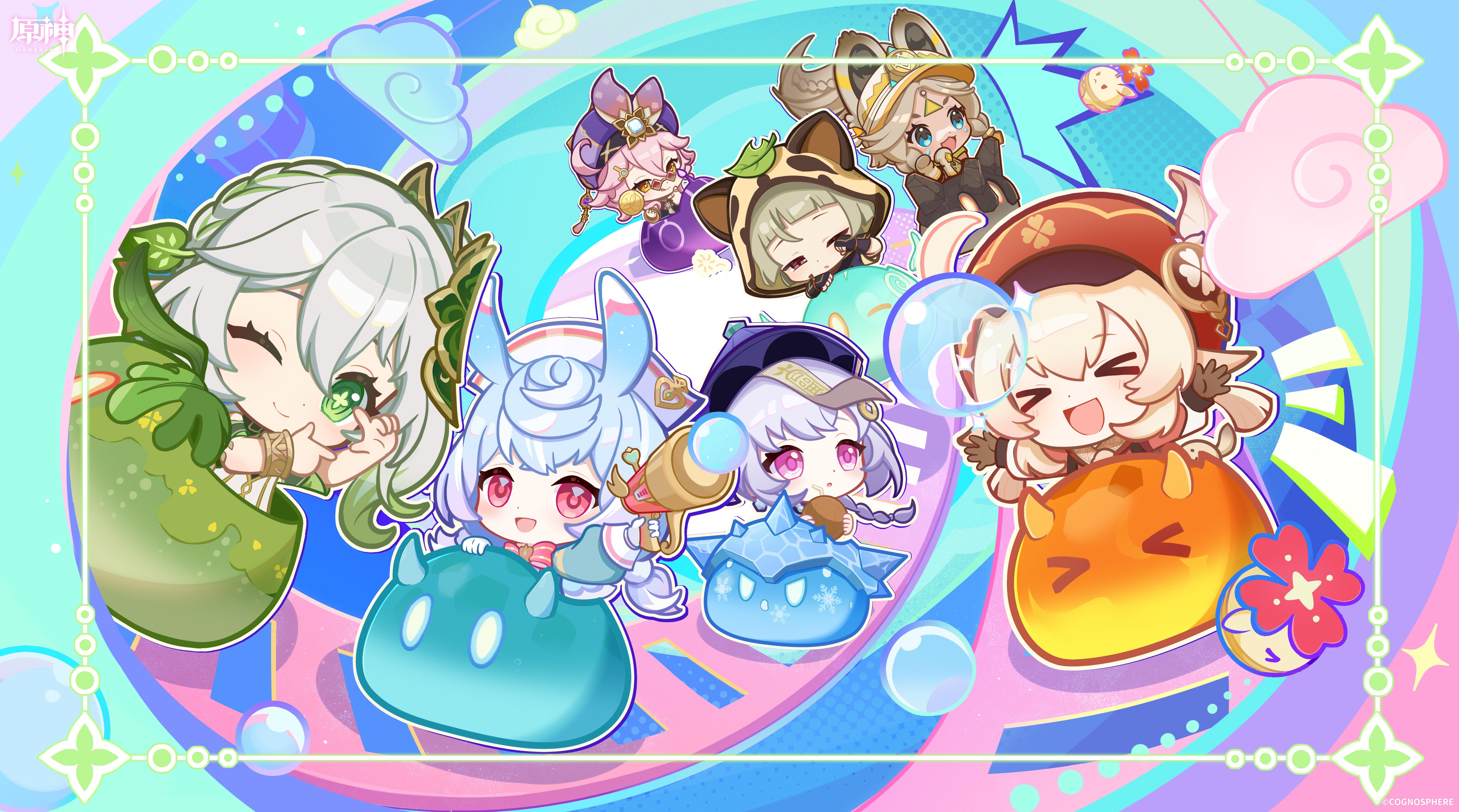 >_< 6+girls :d :q ;) absurdres ahoge anemo_slime_(genshin_impact) animal_ear_hood animal_ears blonde_hair blue_eyes blue_hair blush bow bowtie bracelet brown_gloves brown_hair brown_mittens bubble newsboy_cap chibi chibi_only chinchilla_ears closed_mouth coconut commentary_request copyright_name cryo_slime_(genshin_impact) dendro_slime_(genshin_impact) dori_(genshin_impact) electro_slime_(genshin_impact) fake_animal_ears finger_frame food fruit genshin_impact geo_slime_(genshin_impact) gloves gold_trim gradient_hair green_eyes green_hair gun hair_between_eyes hair_ornament hands_up hat highres holding holding_food holding_fruit holding_gun holding_weapon hood hydro_slime_(genshin_impact) jewelry jumpy_dumpty kachina_(genshin_impact) klee_(genshin_impact) kodomo_no_hi leaf_hair_ornament long_hair looking_at_viewer melusine_(genshin_impact) mittens mora_(genshin_impact) multicolored_hair multiple_girls nahida_(genshin_impact) official_art ofuda ofuda_on_head one_eye_closed open_mouth parted_lips pink_hair pointy_ears purple_eyes purple_hat pyro_slime_(genshin_impact) qingdai_guanmao qiqi_(genshin_impact) red_bow red_bowtie red_eyes red_hat sayu_(genshin_impact) side_ponytail sigewinne_(genshin_impact) slime_(genshin_impact) smile symbol-shaped_pupils tinted_eyewear tongue tongue_out weapon white_hair xd yaoyao_(genshin_impact) yellow_eyes