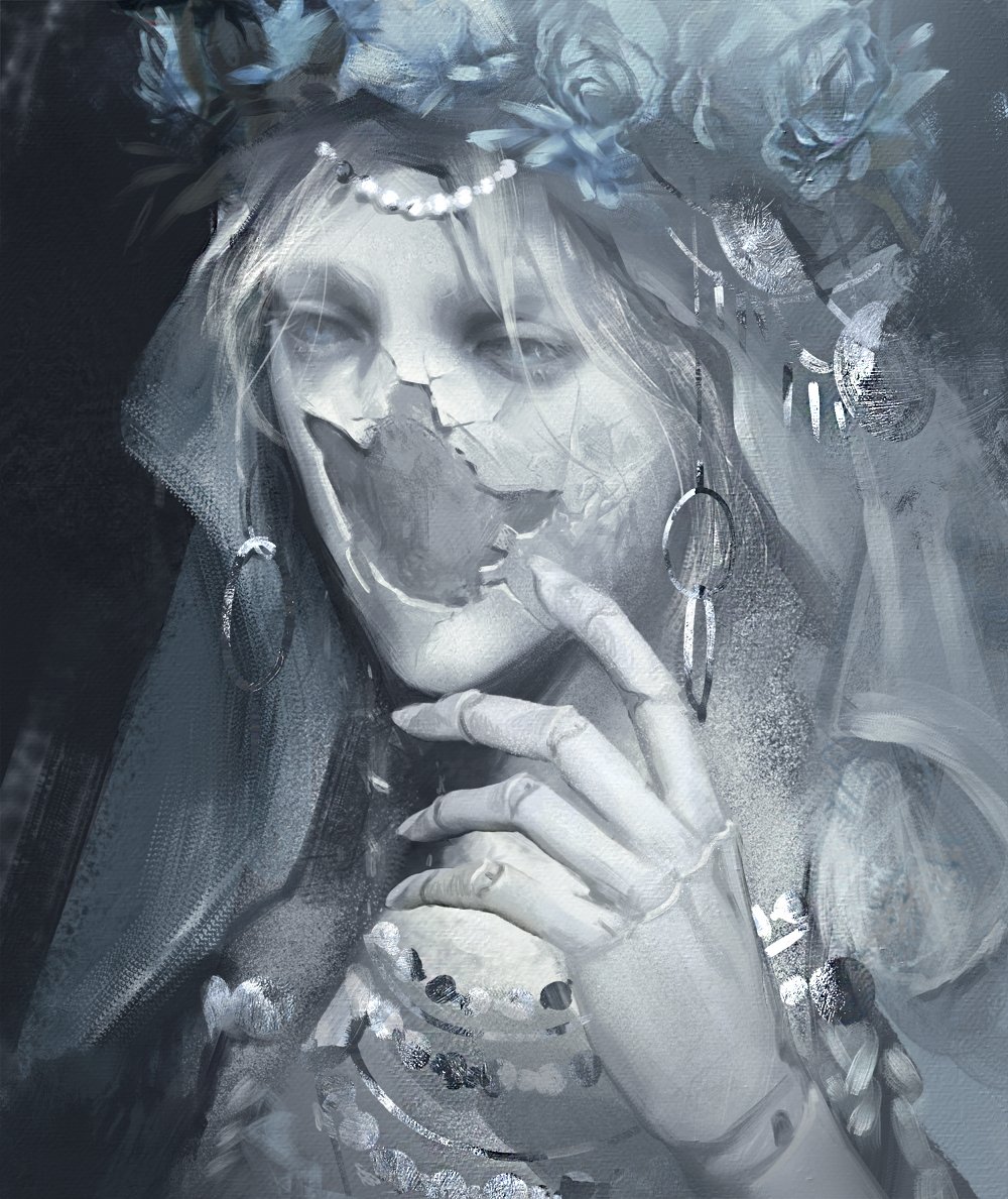 1girl album_cover_redraw black_background blue_eyes colored_eyelashes colored_skin cracked_skin derivative_work doll_joints dress earrings elden_ring elden_ring_nightreign head_wreath hoop_earrings jewelry joints long_hair low_twintails madra_(album) revenant_(elden_ring) twintails upper_body vale_lacroix veil white_dress white_eyelashes white_skin white_veil