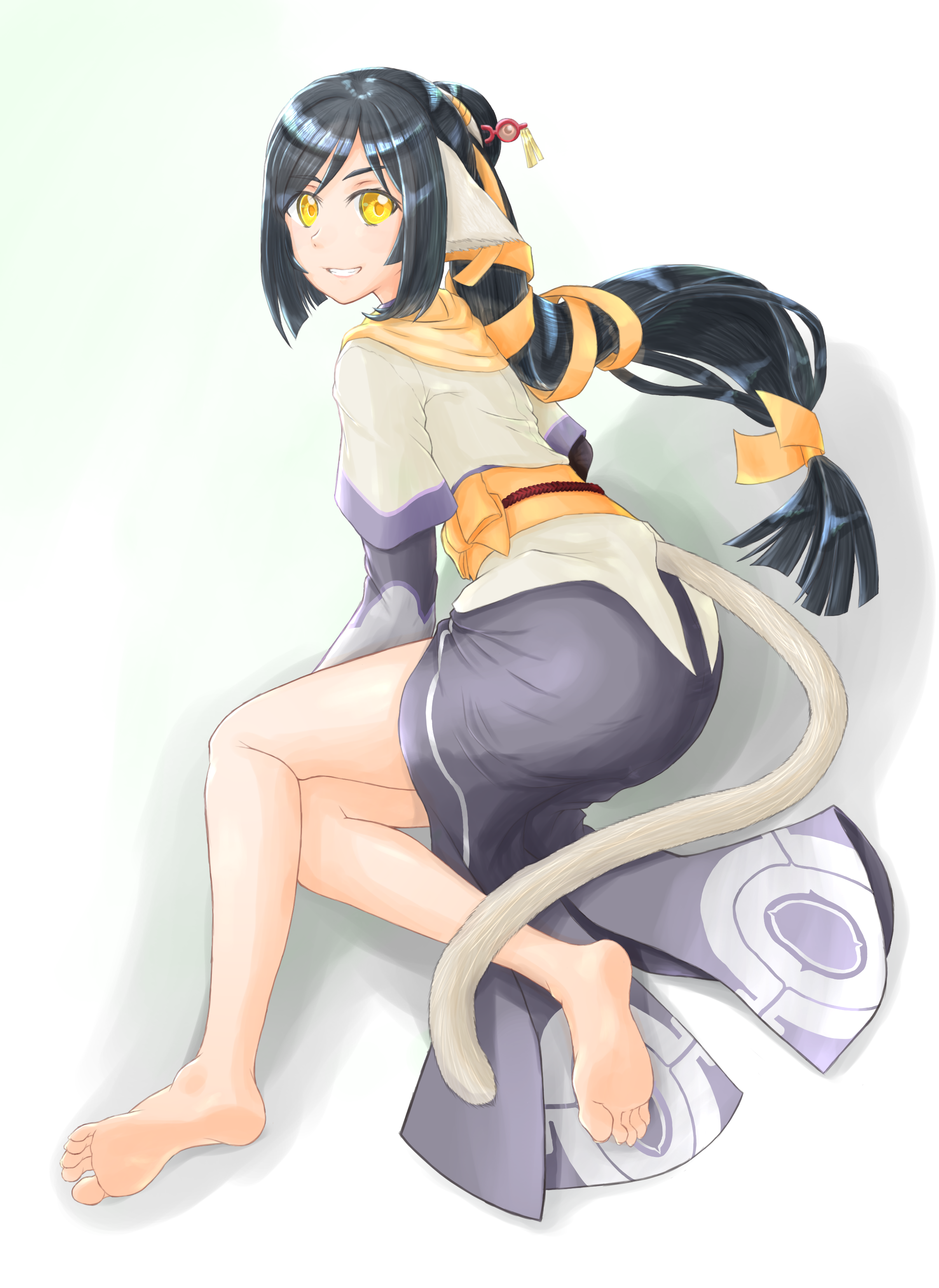 1girl absurdres barefoot black_hair feet grin highres kuon_(utawarerumono) long_hair looking_at_viewer pxa640 smile soles tail toes transparent_background utawarerumono yellow_eyes