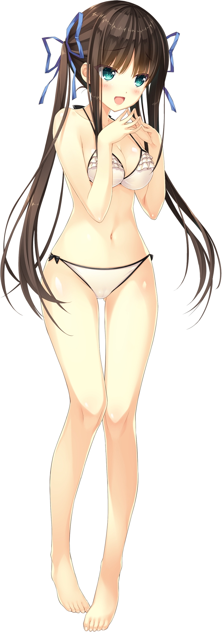 1girl aqua_eyes ashishun barefoot bikini blush bow bow_bikini breasts brown_hair cameltoe cleavage closed_eyes female_focus fingers_together frilled_bikini frills full_body gluteal_fold hair_ribbon halterneck highres knees_together_feet_apart long_hair medium_breasts navel nervous_smile non-web_source official_art open_mouth primal_hearts primal_hearts_2 pussy raised_eyebrows ribbon see-through_clothes simple_background skindentation smile solo standing steepled_fingers swimsuit tatebayashi_tateha twintails very_long_hair white_background white_bikini