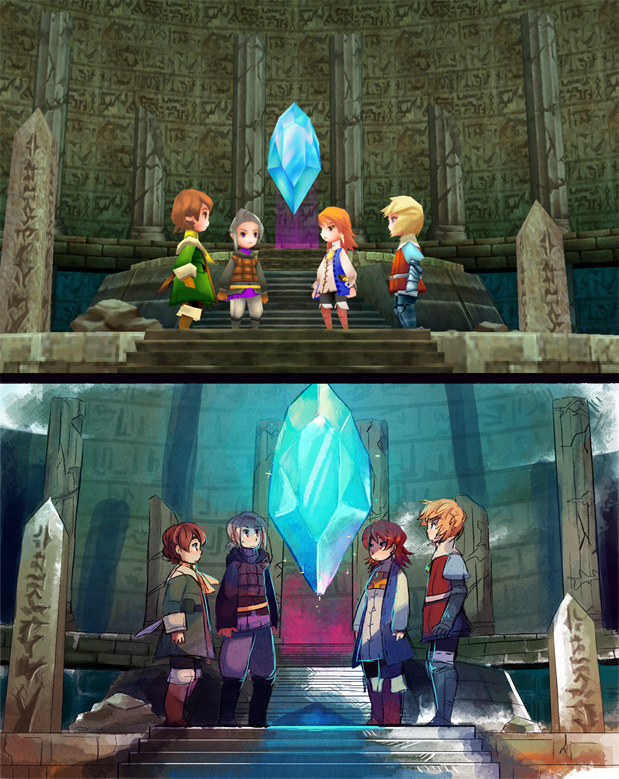 1990s_(style) 1girl 3boys arc_(ff3) comparison crystal final_fantasy final_fantasy_iii ingus luneth mimiblargh multiple_boys refia screencap temple