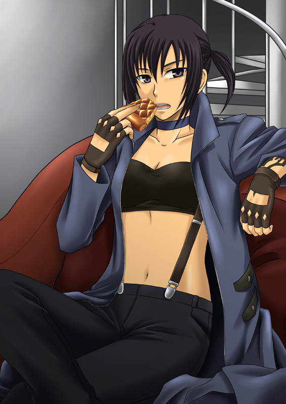 428 428:_fuusa_sareta_shibuya_de alphard_(canaan) bad_id bad_pixiv_id black_eyes black_hair canaan_(series) choker chunsoft coat eating fingerless_gloves food gloves midriff navel ponytail saklo side_ponytail solo stairs suspenders tattoo trench_coat