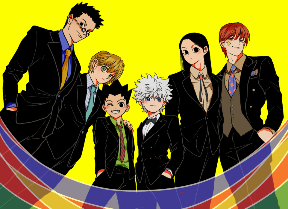 6+boys ;d black_eyes black_hair blonde_hair bow bowtie facepaint formal_clothes gon_freecss grin hair_down hisoka_morow hunter_x_hunter illumi_zoldyck killua_zoldyck kilva_lollop kurapika leorio_paladiknight long_hair male_focus multiple_boys necktie one_eye_closed open_mouth red_hair short_hair smile suit sunglasses white_hair yellow_background