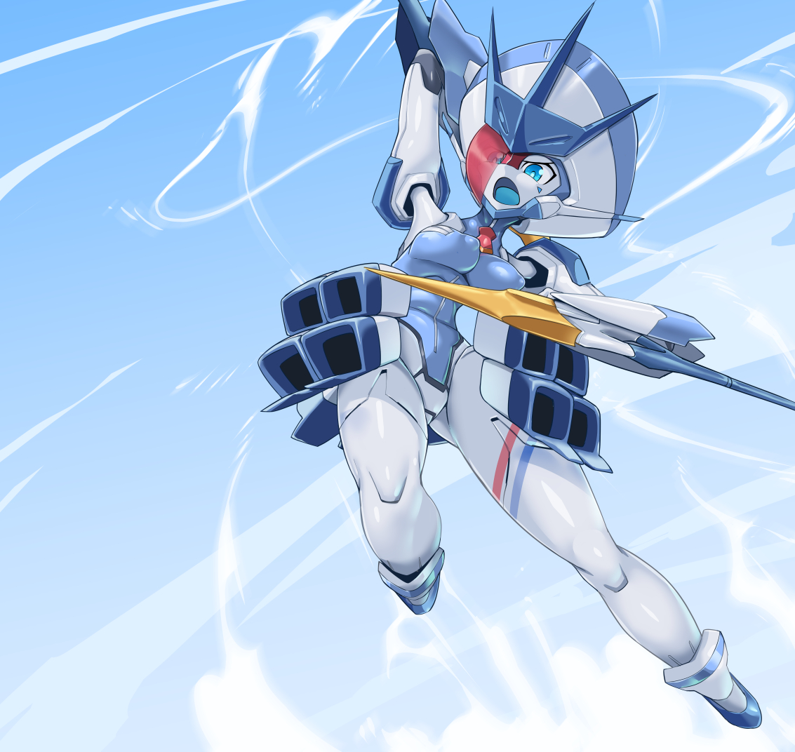 1girl android blue_eyes blue_skin blue_sky blue_tongue breasts colored_skin colored_tongue darling_in_the_franxx day delphinium_(darling_in_the_franxx) eyes_visible_through_hair flying hand_up joints looking_at_viewer medium_breasts multicolored_skin nude open_mouth outdoors pochincoff pointy_breasts robot_joints sky solo two-tone_skin white_skin