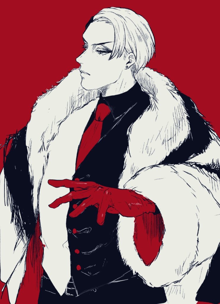 1boy black_hair coat divus_crewel earrings eyeshadow fur_coat gloves irosomezuki_ta jewelry long_sleeves makeup male_focus multicolored_hair necktie red_background red_gloves red_necktie short_hair simple_background solo standing stud_earrings twisted_wonderland two-tone_hair two-tone_vest vest white_hair