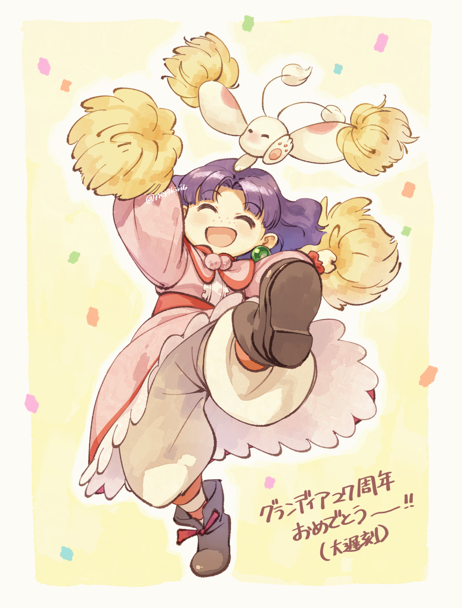 ! !! 1girl ^_^ anniversary bloomers border brown_shoes cheering child closed_eyes confetti copyright_name creature creature_on_head curtained_hair dress earrings freckles frilled_dress frilled_sleeves frills grandia grandia_i highres holding holding_pom_poms jewelry leg_up light_blush long_sleeves middle_part nerikiri6 no_nose open_mouth pink_dress pom_pom_(cheerleading) pom_poms puffy_long_sleeves puffy_sleeves purple_hair puui_(grandia) shoes short_hair smile sphere_earrings standing standing_on_one_leg sue_(grandia) translation_request twitter_username underwear white_border yellow_bloomers