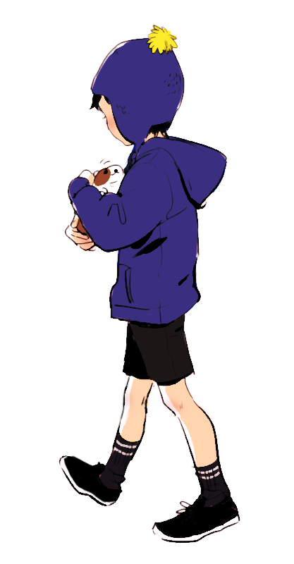 1boy animal animification aromari black_hair chullo craig_tucker facing_away from_side guinea_pig holding holding_animal hood hoodie long_sleeves male_focus shoes short_hair shorts sneakers socks solo south_park stripe_(south_park) walking