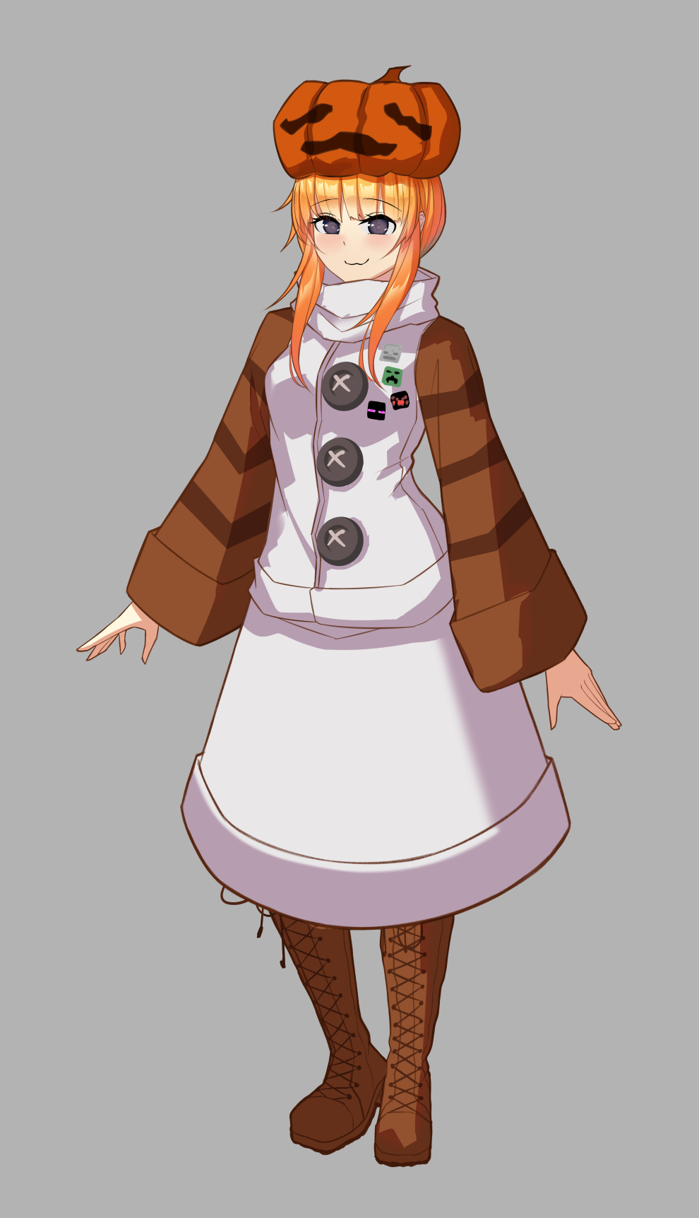 1girl :3 animal blush boots buttons character_name commentary creeper destinyplayer1 enderman english_commentary flower fox_(minecraft) full_body high_collar highres jack-o&#039;-lantern lace-up_boots long_hair long_sleeves looking_at_viewer magma_cube minecraft minecraft_(style) mob_talker orange_hair personification pumpkin pumpkin_hat purple_eyes simple_background skeleton_(minecraft) skirt smile snow_golem_(at2.) snow_golem_(minecraft) solo sparkle spider_(minecraft) striped_sleeves