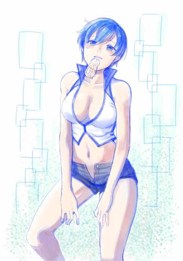 1girl blue_eyes blue_hair bottle breasts cleavage fanloid female_focus kaiko_(vocaloid) looking_up short_hair shorts unbuttoned vocaloid