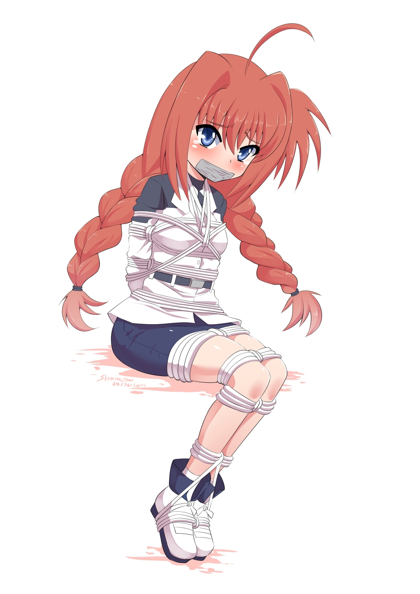 00s 1girl arms_behind_back bdsm bondage bound female_focus gagged graf_eisen highres looking_at_viewer lyrical_nanoha mahou_shoujo_lyrical_nanoha rope solo stormcow tape vita_(nanoha)
