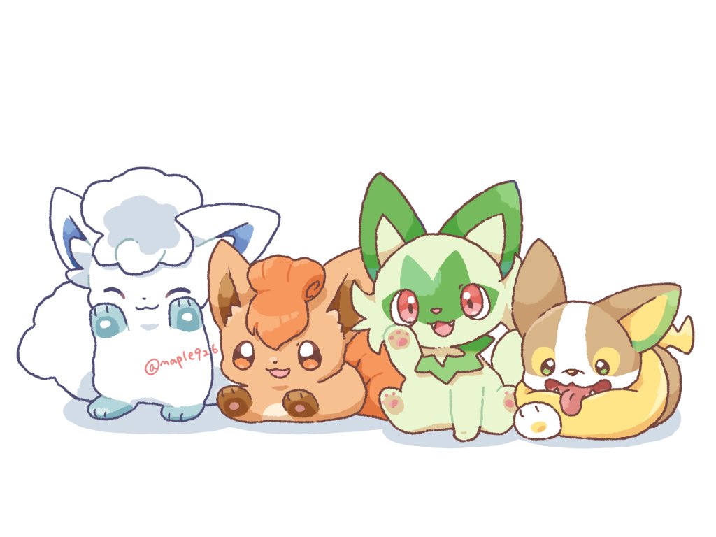 alolan_form alolan_vulpix animal_focus bright_pupils closed_eyes commentary_request fangs game_freak gen_1_pokemon gen_7_pokemon gen_8_pokemon green_eyes kana_(maple926) lying nintendo no_humans pink_eyes pokemon pokemon_(creature) smile sprigatito standing tongue tongue_out twitter_username vulpix white_pupils yamper