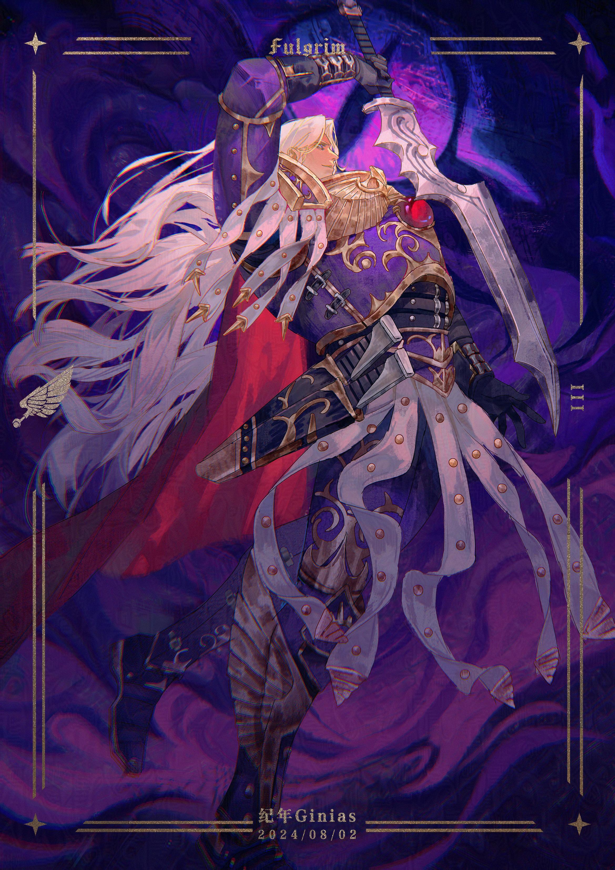 1boy absurdres armor armored_dress artist_name blurry breastplate cape character_name commentary couter cuirass dated depth_of_field dress emperor's_children english_commentary foil fulgrim full_armor gauntlets gem ginias gold_border greaves highres leg_armor long_hair male_focus ornate_armor pauldrons poleyn power_armor primarch purple_armor red_gemstone rerebrace roman_numeral shoulder_armor signature solo standing standing_on_one_leg star_(symbol) sword the_gilded_panoply very_long_hair warhammer_40k weapon white_hair