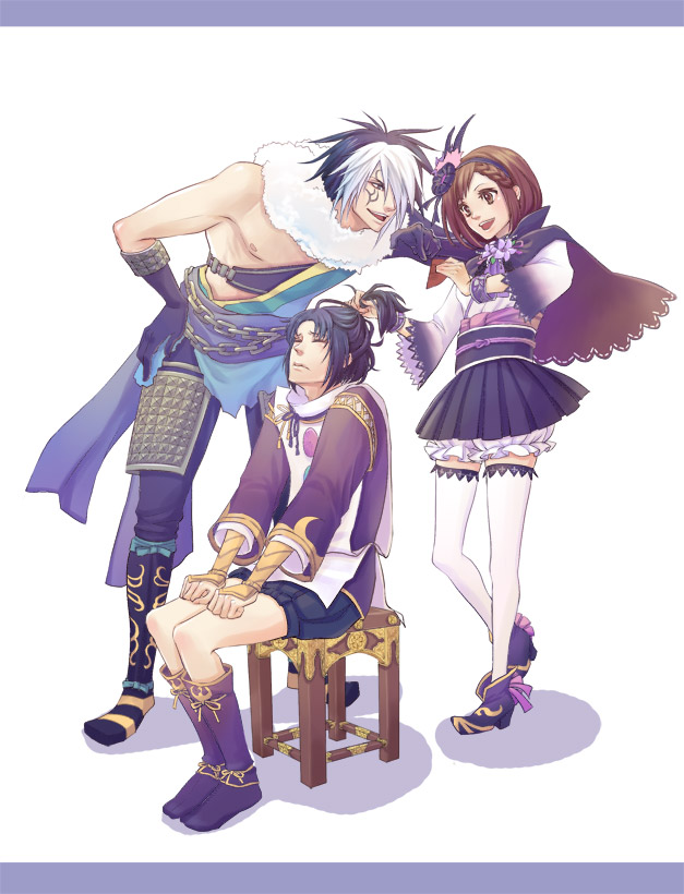 black_hair boots braid brown_eyes capelet chain_belt chosokabe_motochika clenched_hand closed_eyes comb feather_hair_ornament fur_collar gloves gold_trim grabbing_another&#039;s_hair grimace hair_ornament high_heels hosokawa_gracia japanese_clothes kimono lace-trimmed_sleeves lace_trim mori_ranmaru multicolored_hair obi pleated_skirt red_hair sash sengoku_musou shorts sitting skirt stool tabard thighhighs two-tone_hair vambraces white_hair white_thighhighs yoshicha