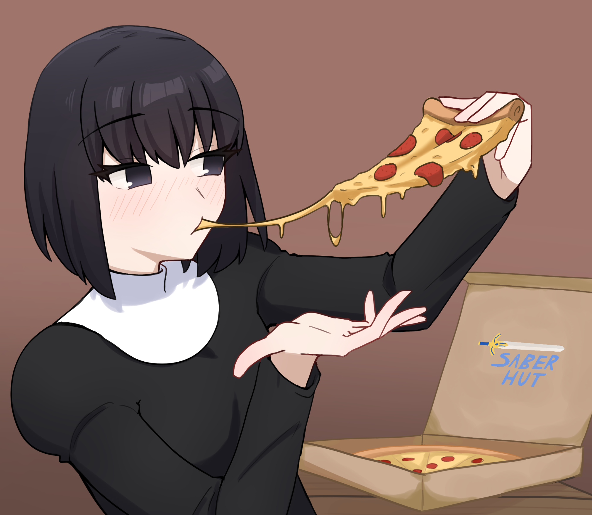 1girl black_dress black_eyes black_hair breasts brown_background closed_mouth commentary dress eating excalibur_(fate/stay_night) food highres kuonji_alice long_sleeves mahou_tsukai_no_yoru okikumo open_hand pepperoni pepperoni_pizza pizza pizza_box short_hair simple_background solo table wooden_table