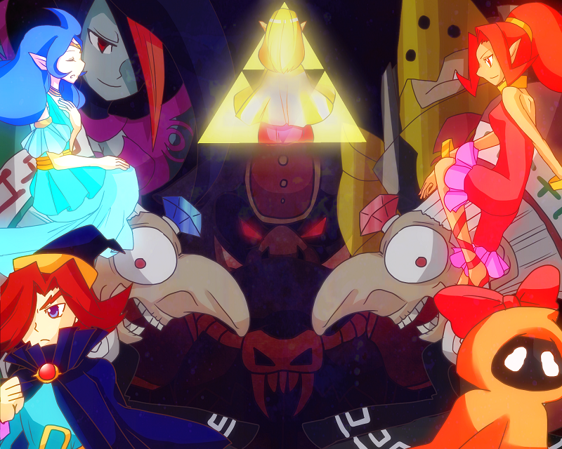3boys 6+girls ahoge armor blue_cape blue_dress blue_eyes blue_gemstone blue_hair blue_shirt bow cape closed_eyes colored_skin din dress ganon gem genkinigai grey_skin hair_over_one_eye hat helmet leotard long_hair multiple_boys multiple_girls music nayru nintendo onox orange_robe pink_bow ponytail ralph_(zelda) red_eyes red_gemstone red_hair red_leotard red_ribbon ribbon robe rosa_(zelda) shirt singing the_legend_of_zelda the_legend_of_zelda:_oracle_of_ages the_legend_of_zelda:_oracle_of_seasons triforce twinrova veran white_eyes